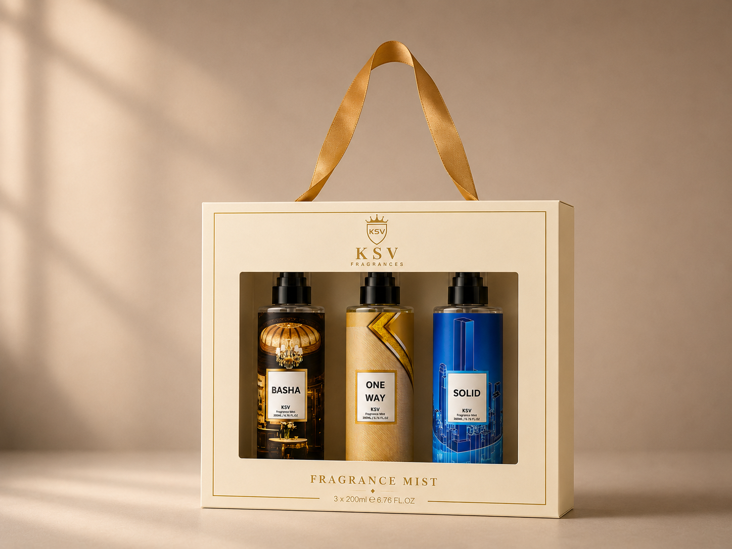 KSV fragrance mist gift box with three 200ml bottles and a carry handle