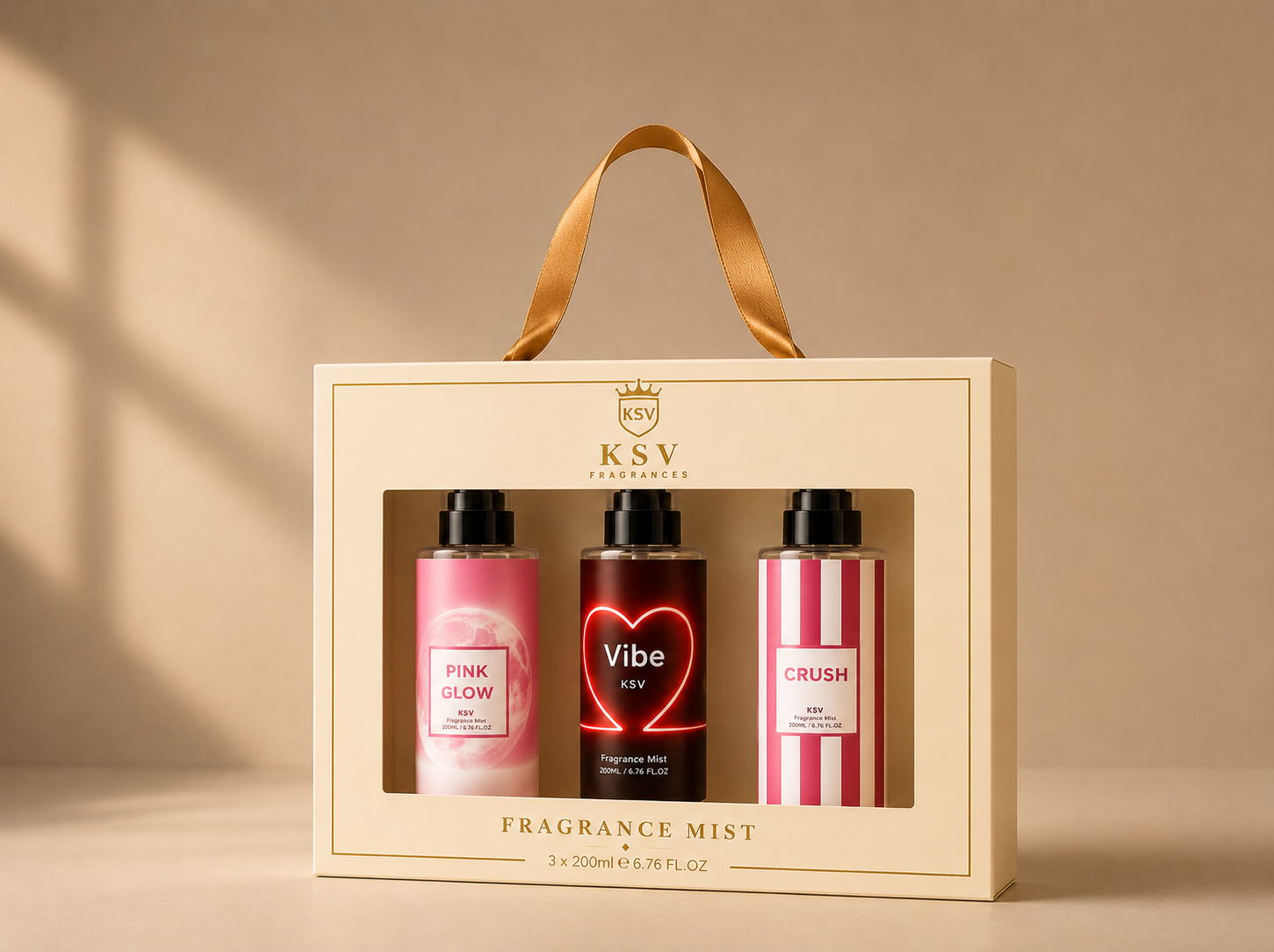 KSV fragrance mist gift box with three 200ml bottles: Pink Glow, Vibe, Crush