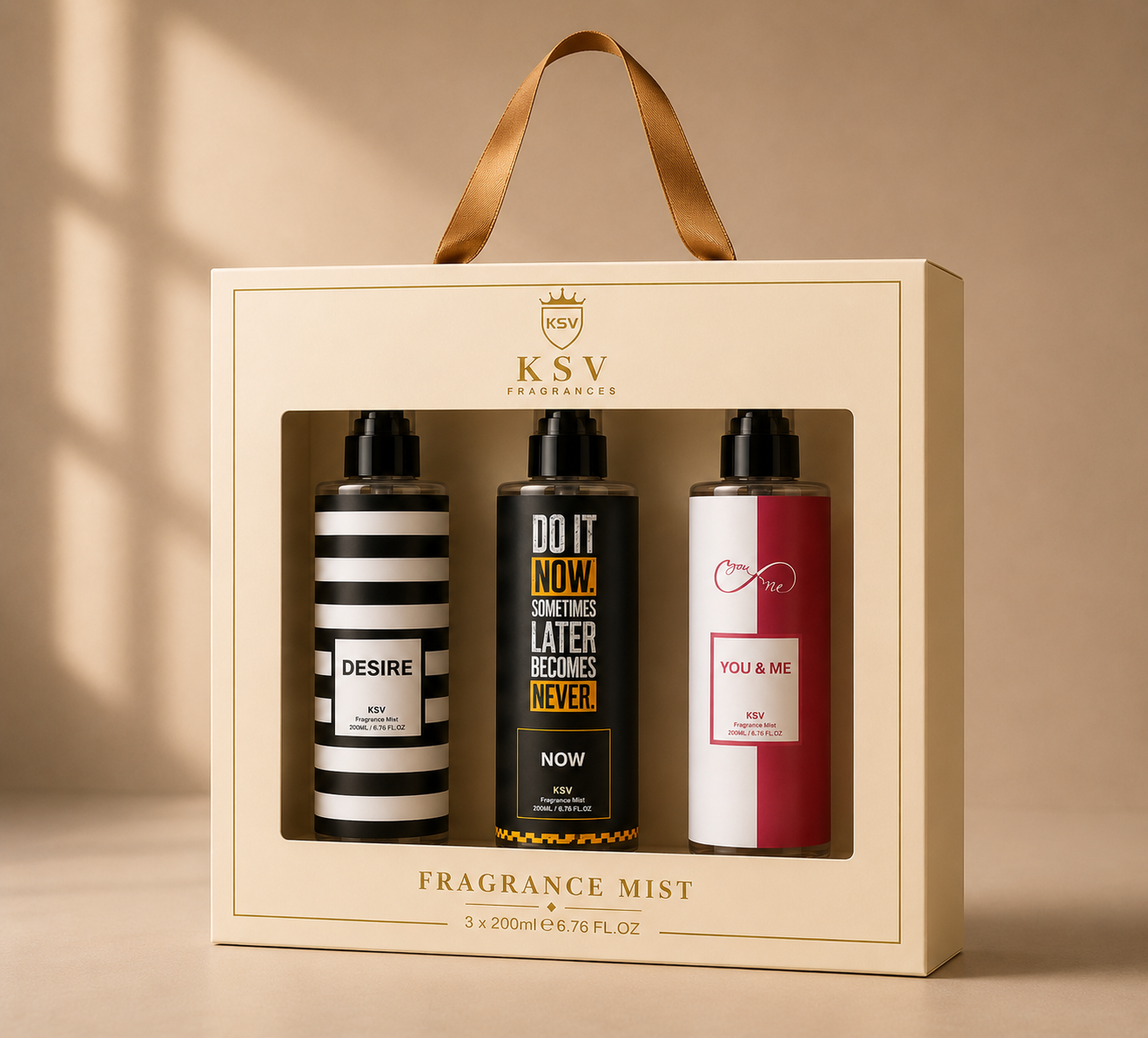 KSV fragrance mist gift box with three 200ml bottles in striped, black-gold, and red designs