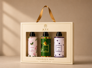 Fragrance mist gift box with handle and three 200ml bottles in floral, green, heart designs