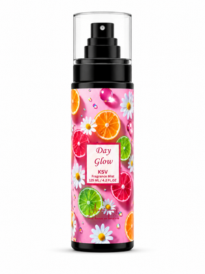 Day Glow fragrance mist bottle, pink floral citrus print and black spray cap, 125 ml