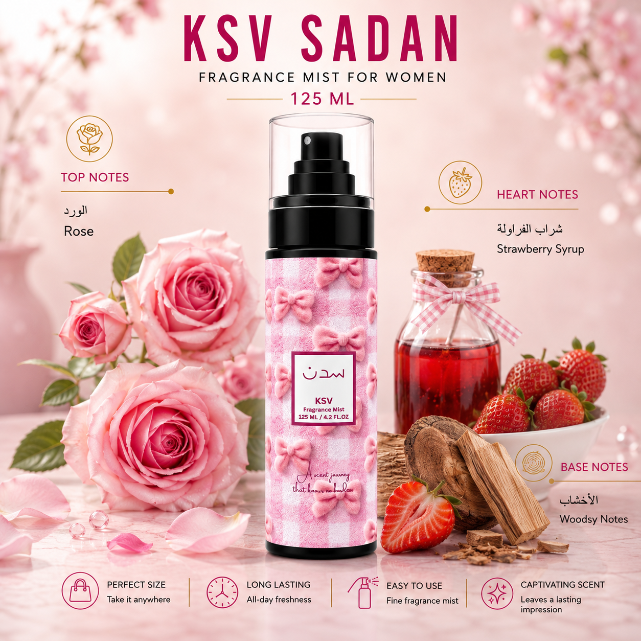 Floral fragrance mist bottle, 125 ml, with black spray pump and pink flower print