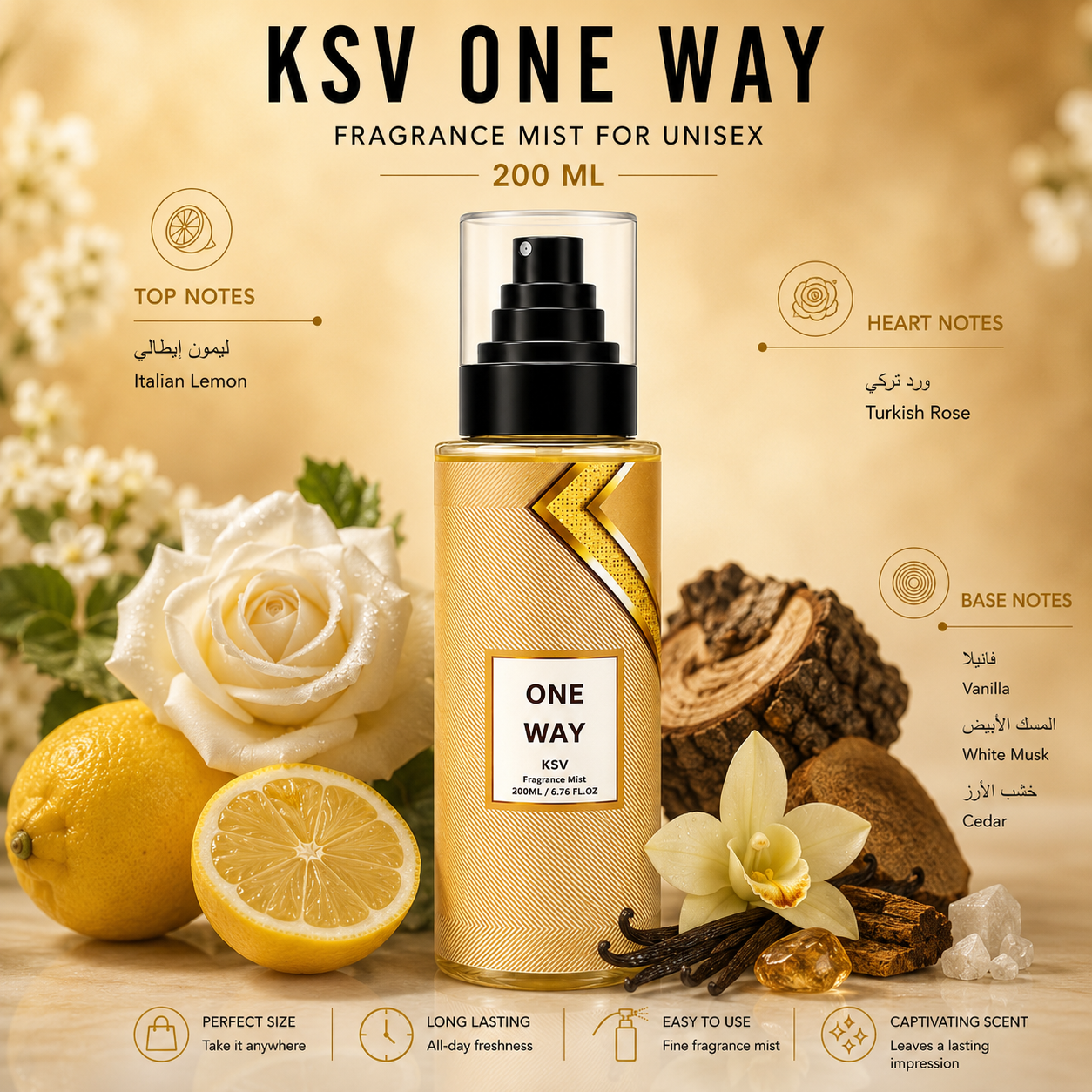 Fragrance mist bottle for unisex, black pump sprayer, gold label, 200 mL