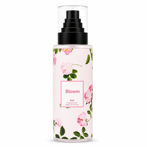 Fragrance mist bottle with black spray pump and floral Bloom label, 200 ml glass