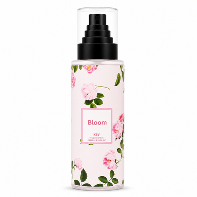 Fragrance mist bottle with black spray pump and floral Bloom label, 200 ml glass