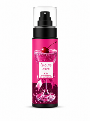 Fragrance mist bottle with black spray pump, pink liquid, 125 ml glass cylinder