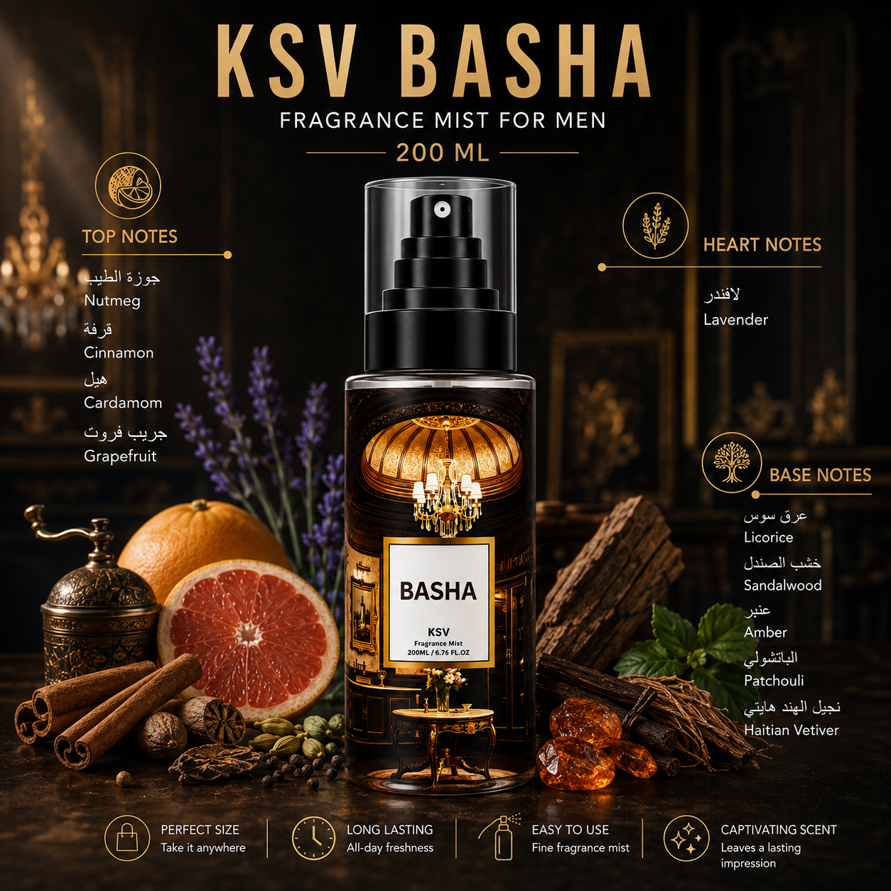 Fragrance mist for men, 200 ml; KSV Basha label with top, heart, base notes