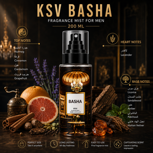 Fragrance mist for men, 200 ml; KSV Basha label with top, heart, base notes