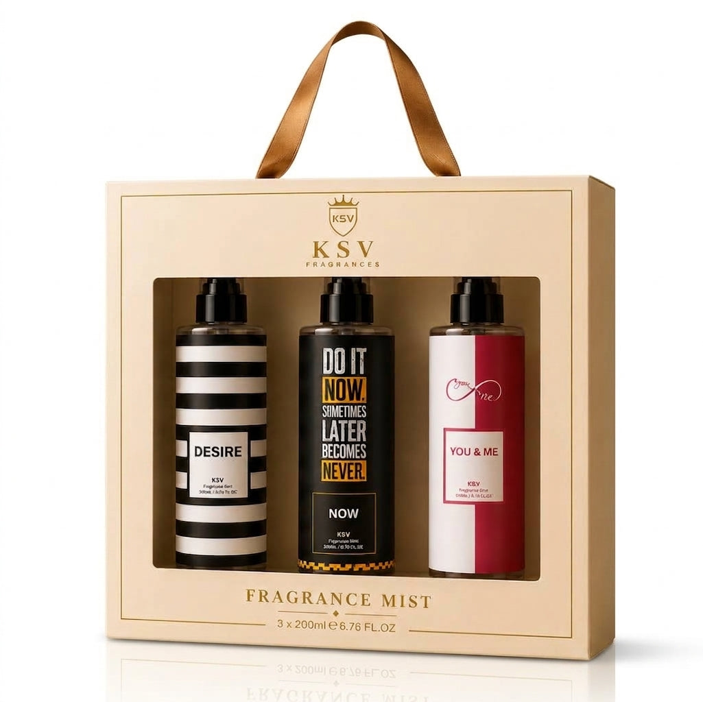 KSV fragrance mist gift box with three 200 ml bottles, window packaging and carry handles