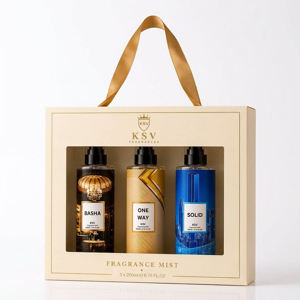 Perfume gift set box with three 200ml bottles, carrying handle and decorative window.