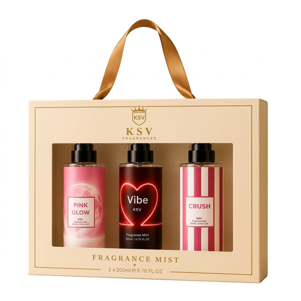 KSV gift box with handle, window showing 3 fragrance mists: Pink Glow, Vibe, Crush