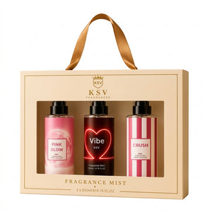 KSV gift box with handle, window showing 3 fragrance mists: Pink Glow, Vibe, Crush