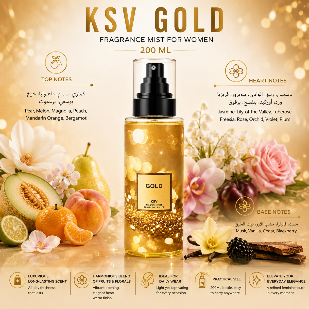 Gold 200 mL fragrance mist bottle with black pump, centered on display