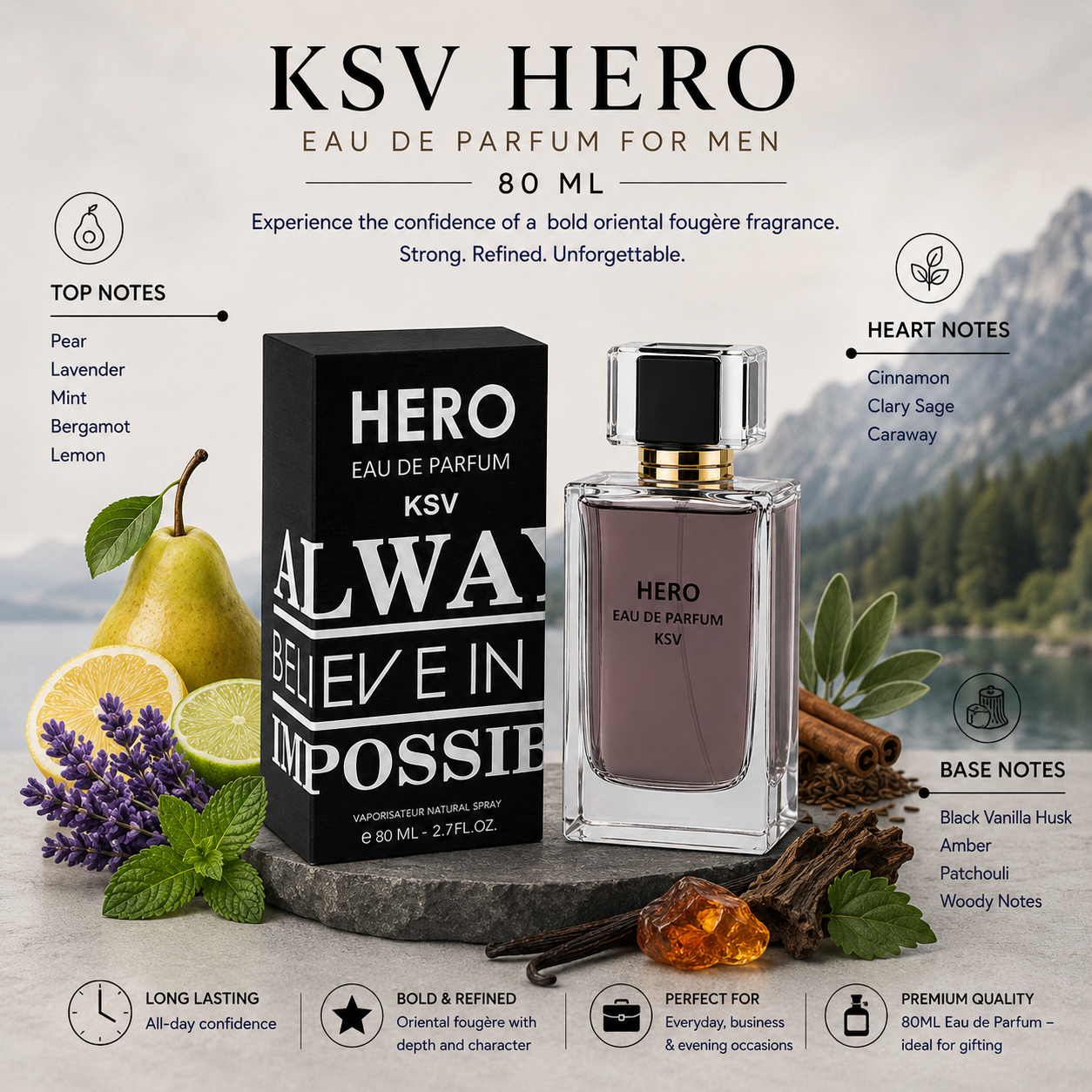 Men's EDP 80 ml spray bottle with black cap and printed box package