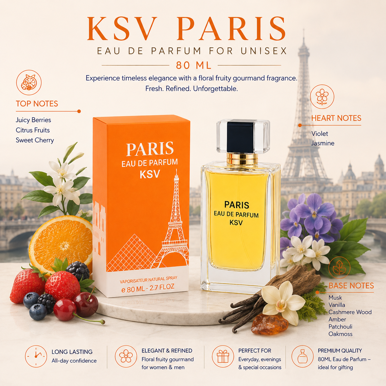 Unisex eau de parfum bottle with orange Paris-themed box, 80 ml.
