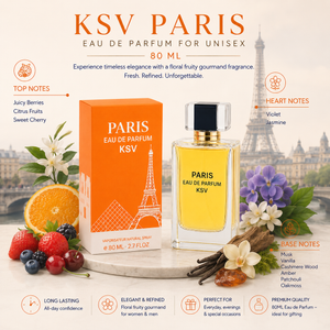 Unisex eau de parfum bottle with orange Paris-themed box, 80 ml.