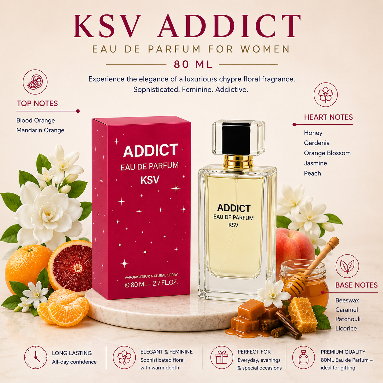 Women's eau de parfum: red box and clear 80 ml bottle with gold cap