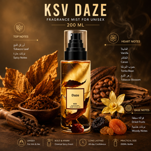 KSV Daze unisex fragrance mist, 200 mL bottle with black spray pump and label