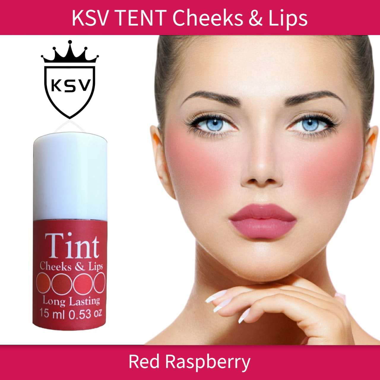 KSV TINT Cheeks & Lips tint bottle, Red Raspberry shade, pink cheeks and lips