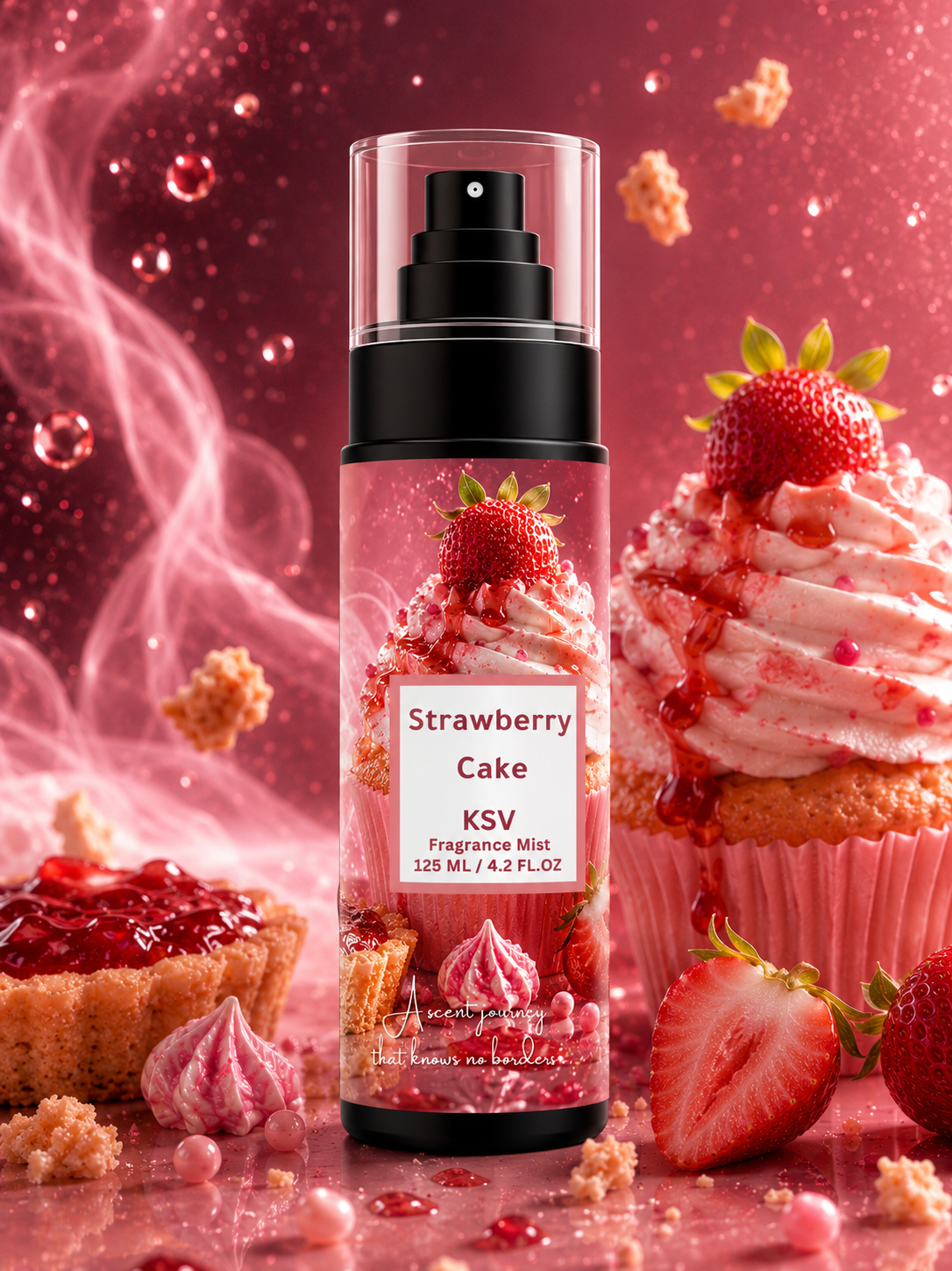 Fragrance mist bottle with clear container, black pump, Strawberry Cake label, KSV, 125 mL