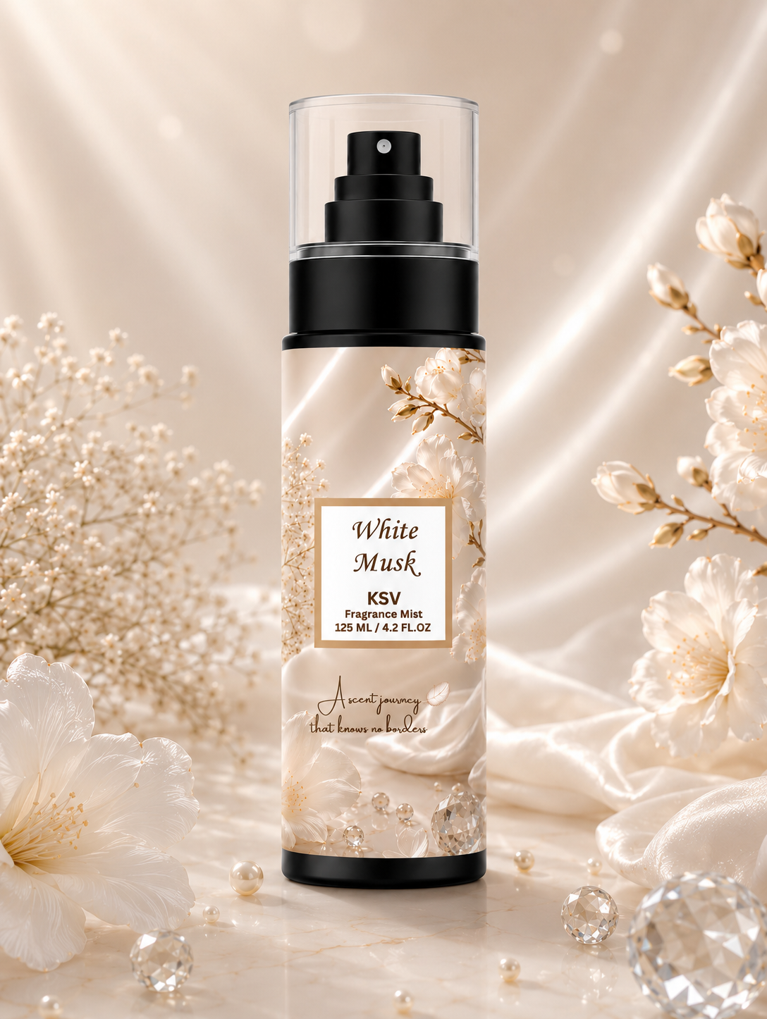Fragrance mist bottle with black pump, gold floral White Musk label, 125 mL