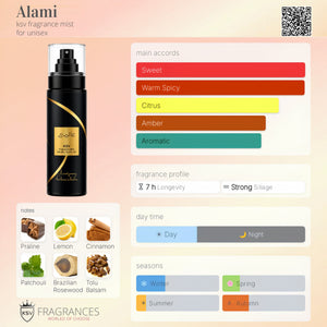 Ksv Alami fragrance mist bottle with scent profile panel and note icons