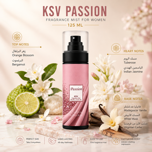 Fragrance mist bottle with black pump and pink liquid, Passion label