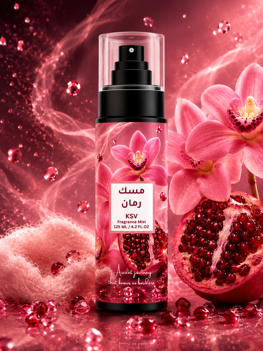 Fragrance mist bottle with black pump beside pink flower and berry design, 125 ml