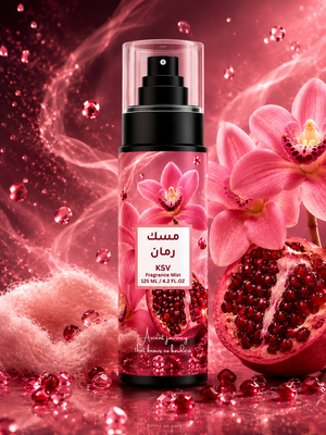 Fragrance mist bottle with black pump beside pink flower and berry design, 125 ml