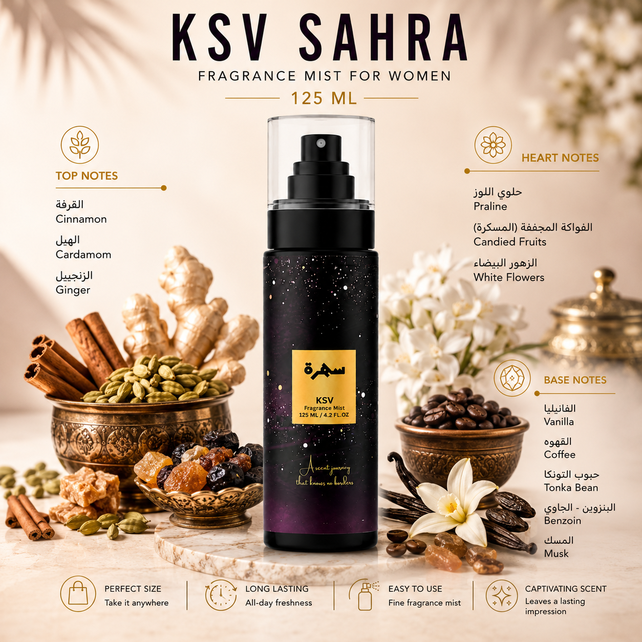Fragrance mist bottle, 125 mL, black cap and clear pump spray, KSV SAHRA
