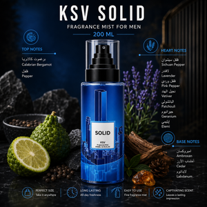 Men's fragrance mist bottle with SOLID label, blue container and black pump