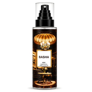 Men's fragrance mist bottle with black pump sprayer, clear top, gold-brown artwork