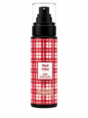 Red plaid fragrance mist bottle with black spray pump and clear top, 125 ml