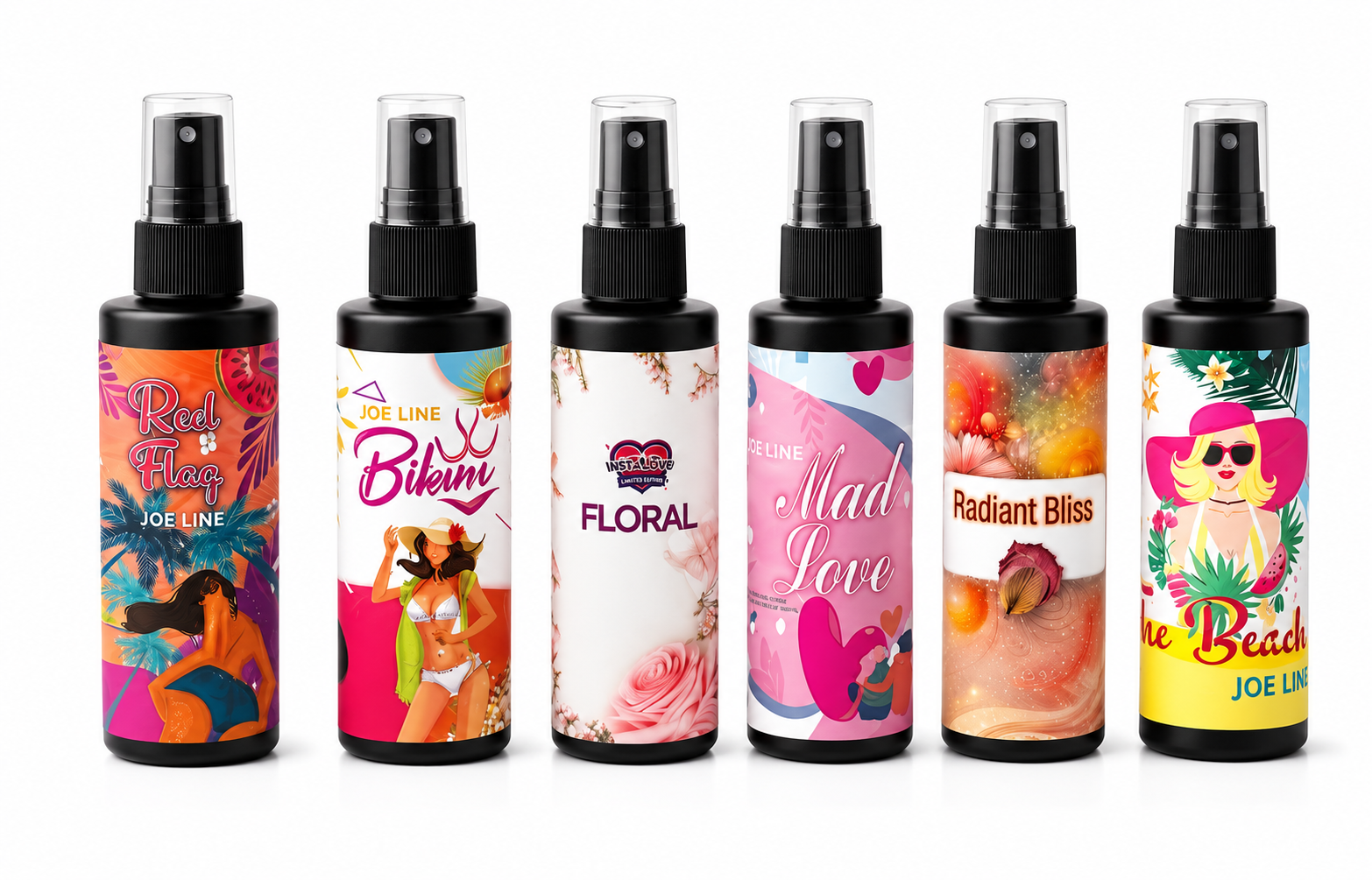 Set of six fragrance body spray bottles with black sprayers, colorful label designs