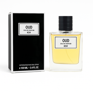 Unisex eau de parfum 100 ml set: black box and clear bottle with yellow liquid, black cap