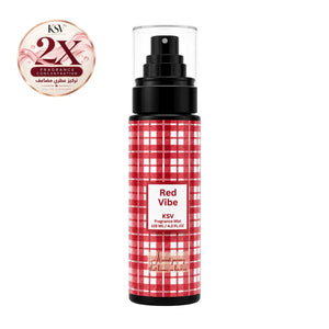 Red Vibe fragrance mist bottle with black pump; red plaid design and KSV label, 125 mL