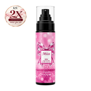 Pink fragrance mist bottle with black pump, 'Miss' label, 125 mL