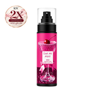 KSV Love Me More fragrance mist, pink glitter bottle with black pump, 125 mL