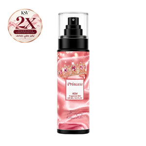 Princess fragrance mist 125 ml: clear bottle, black pump, pink glitter spray