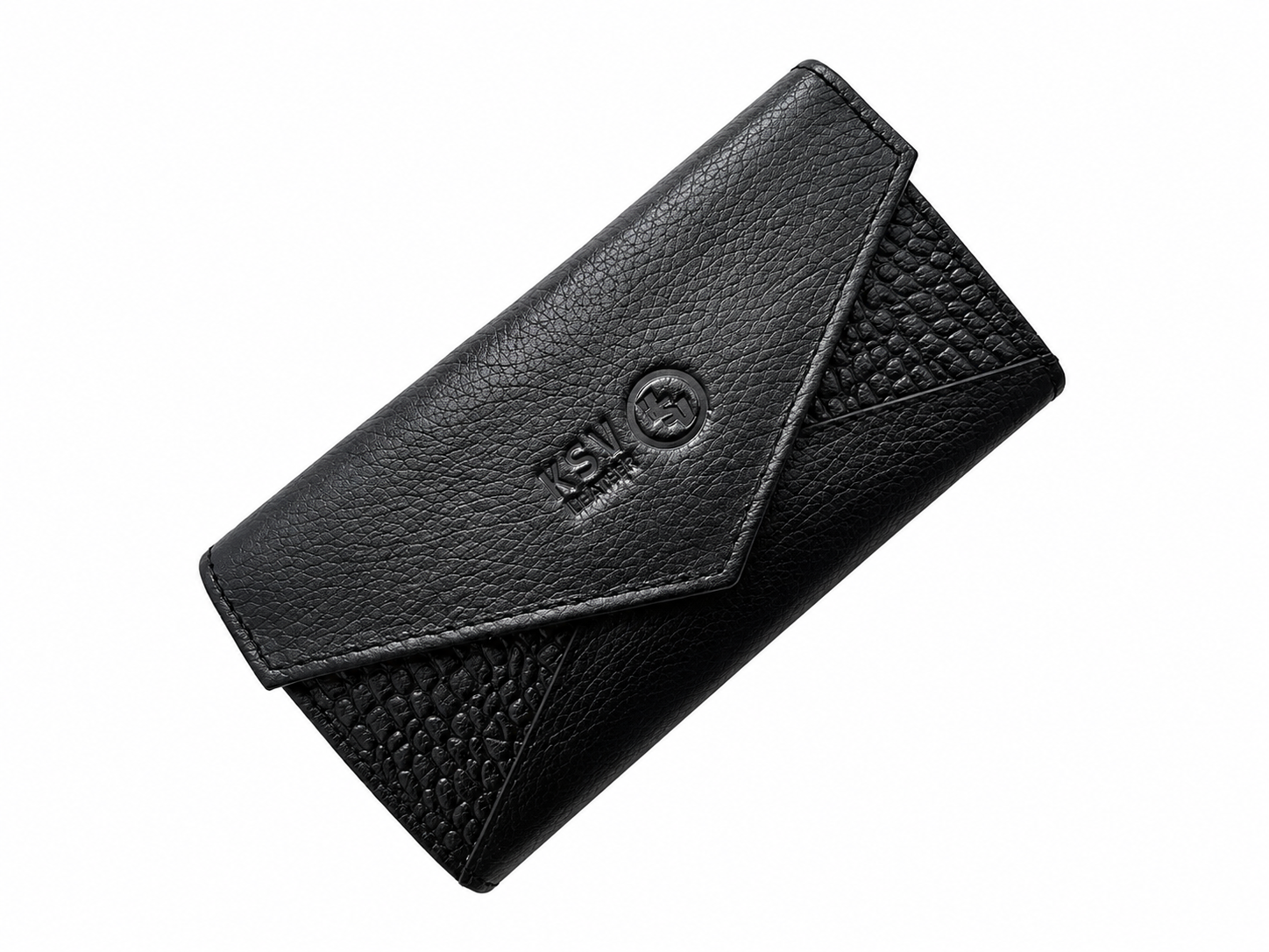 Women’s black leather wallet with snap flap and KSV logo