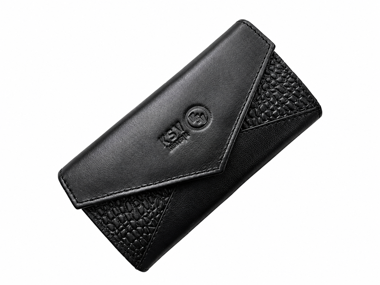 Women’s leather wallet with front flap, embossed logo, textured leather panel, dark