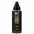 Black fragrance mist bottle with gold label and pump spray top, 200 mL.