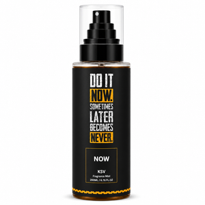 Black fragrance mist bottle with gold label and pump spray top, 200 mL.