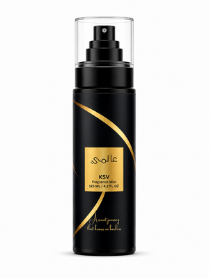 Black fragrance mist bottle with gold swoosh and spray pump, 125 mL