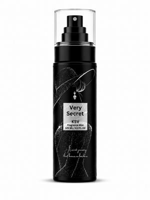 Black fragrance mist bottle with spray pump and KSV Very Secret label