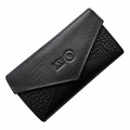 Black leather bifold wallet with circular logo and contrasting textured corner