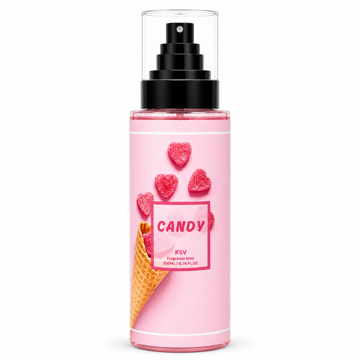 Candy fragrance body mist bottle with pink label and heart graphics, 200 ml