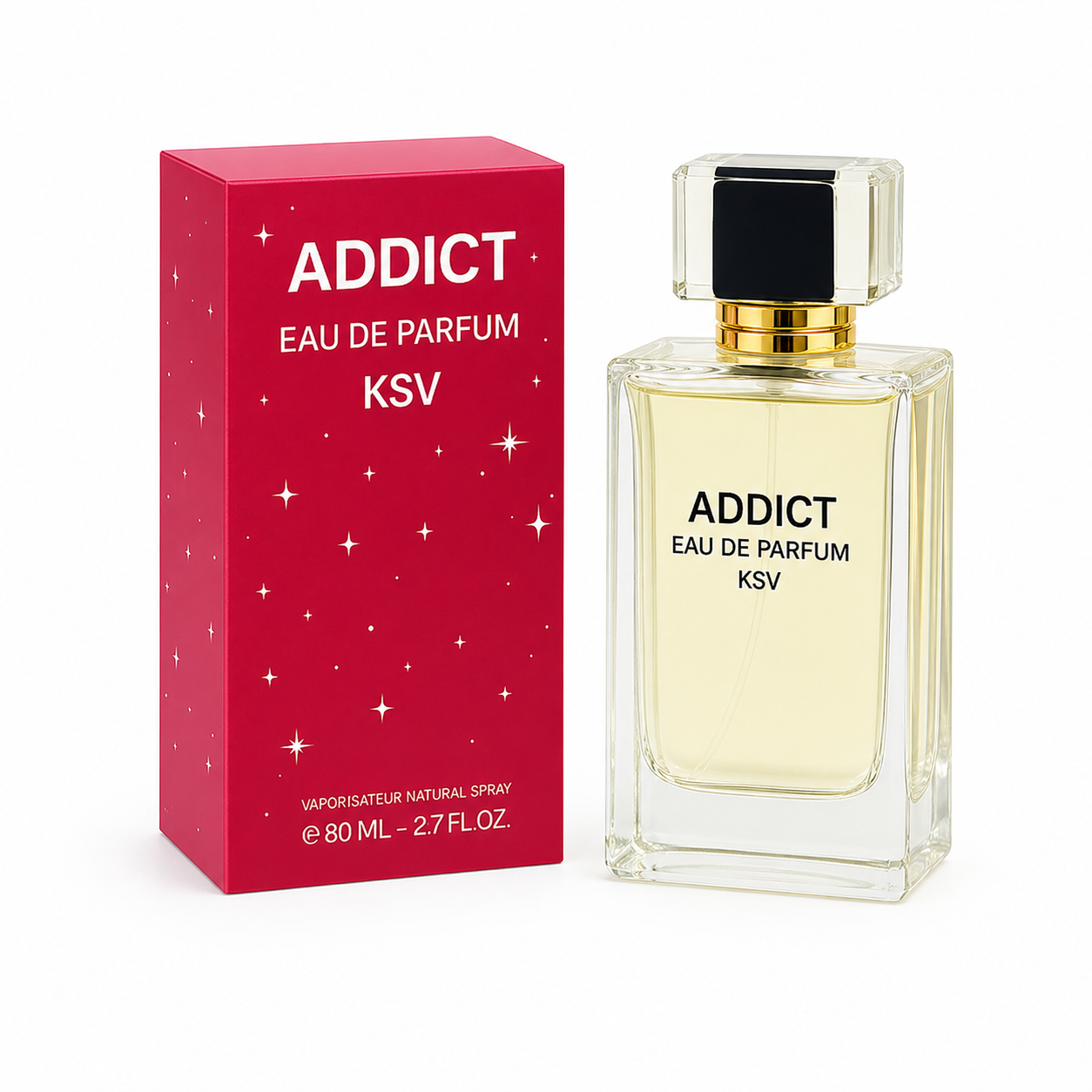 Women’s eau de parfum bottle with red box and gold-trim cap, 80 ml