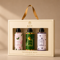 Fragrance mist gift box with handle and three 200ml bottles in floral, green, heart designs