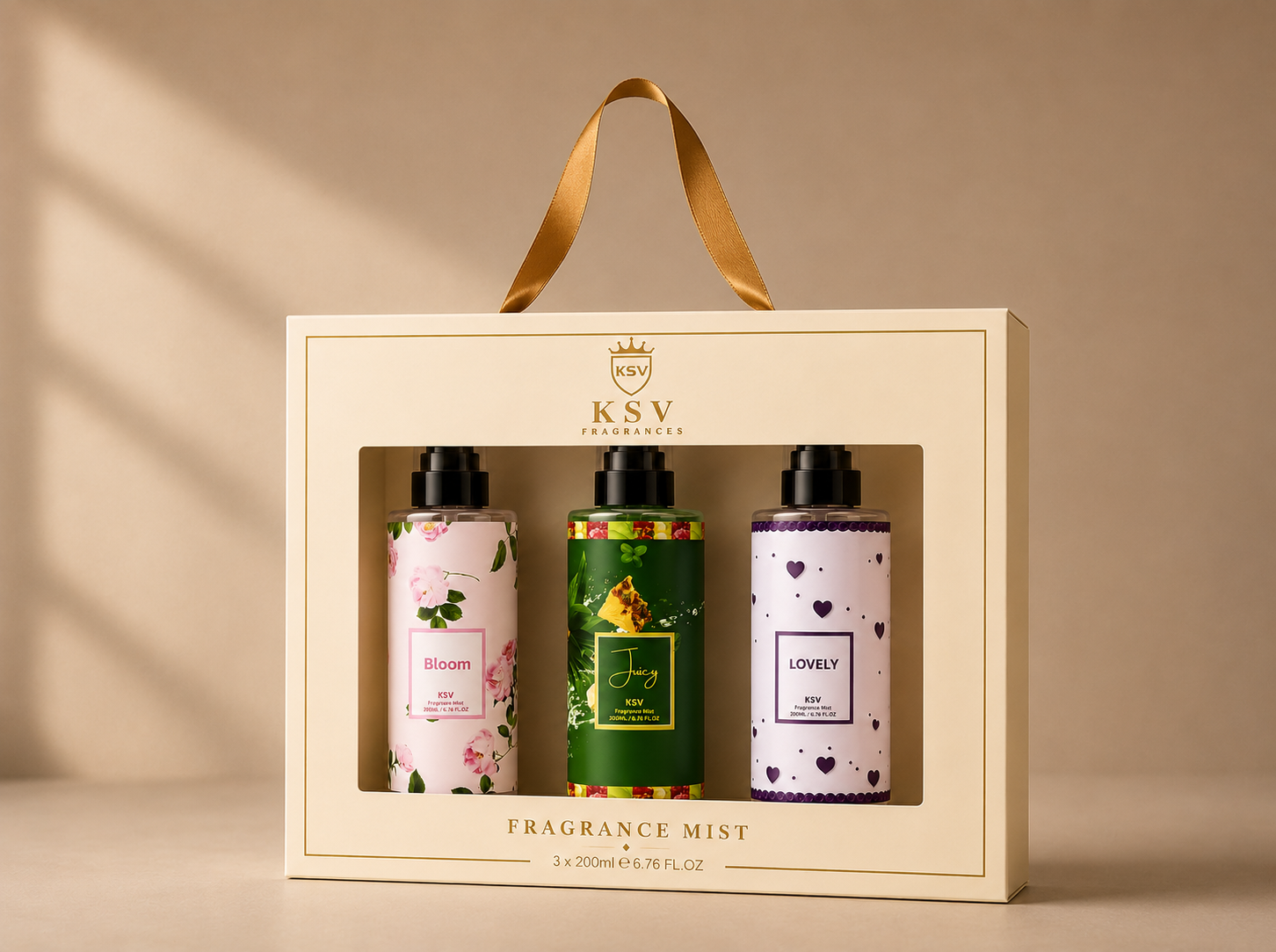 Fragrance mist gift box with handle and three 200ml bottles in floral, green, heart designs